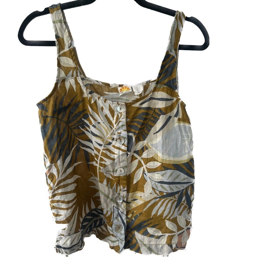 C&C California 100% Linen Palm Leaves Tropical Button Down Tank Top Vacation S